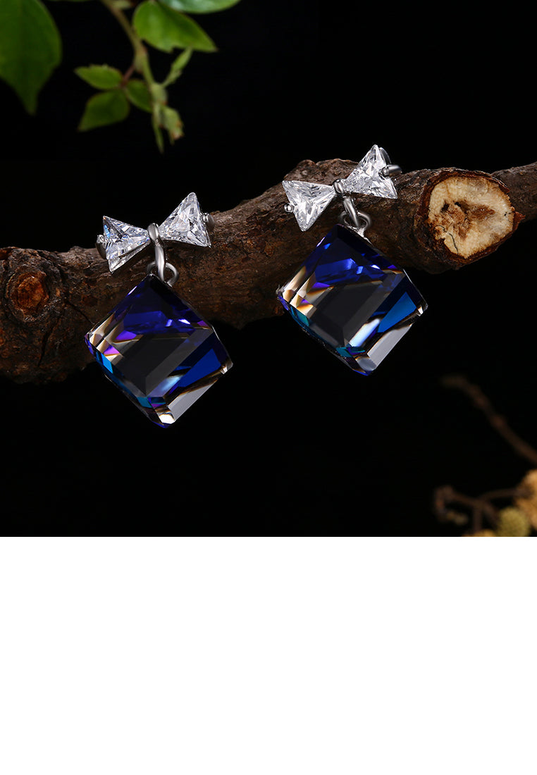 925 Sterling Silver Elegant Fashion Bowknot and Blue Cube Sugar Earrings with Austrian Element Crystal