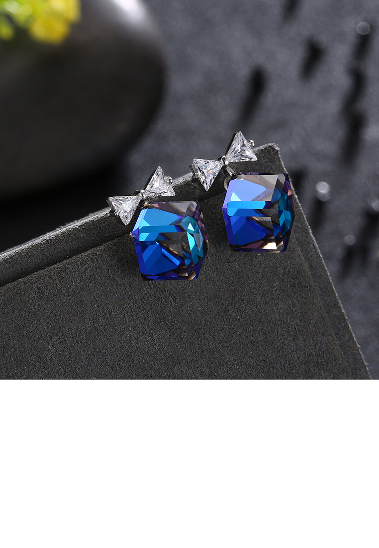 925 Sterling Silver Elegant Fashion Bowknot and Blue Cube Sugar Earrings with Austrian Element Crystal