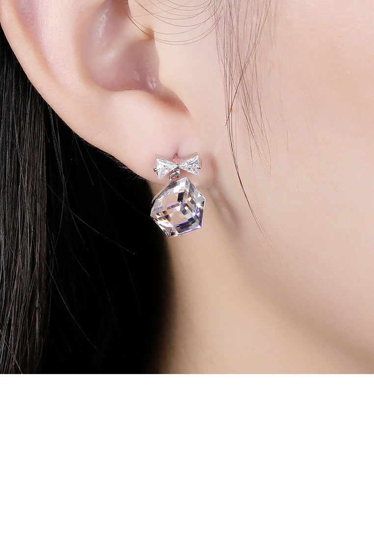 925 Sterling Silver Elegant Fashion Bowknot and Blue Cube Sugar Earrings with Austrian Element Crystal