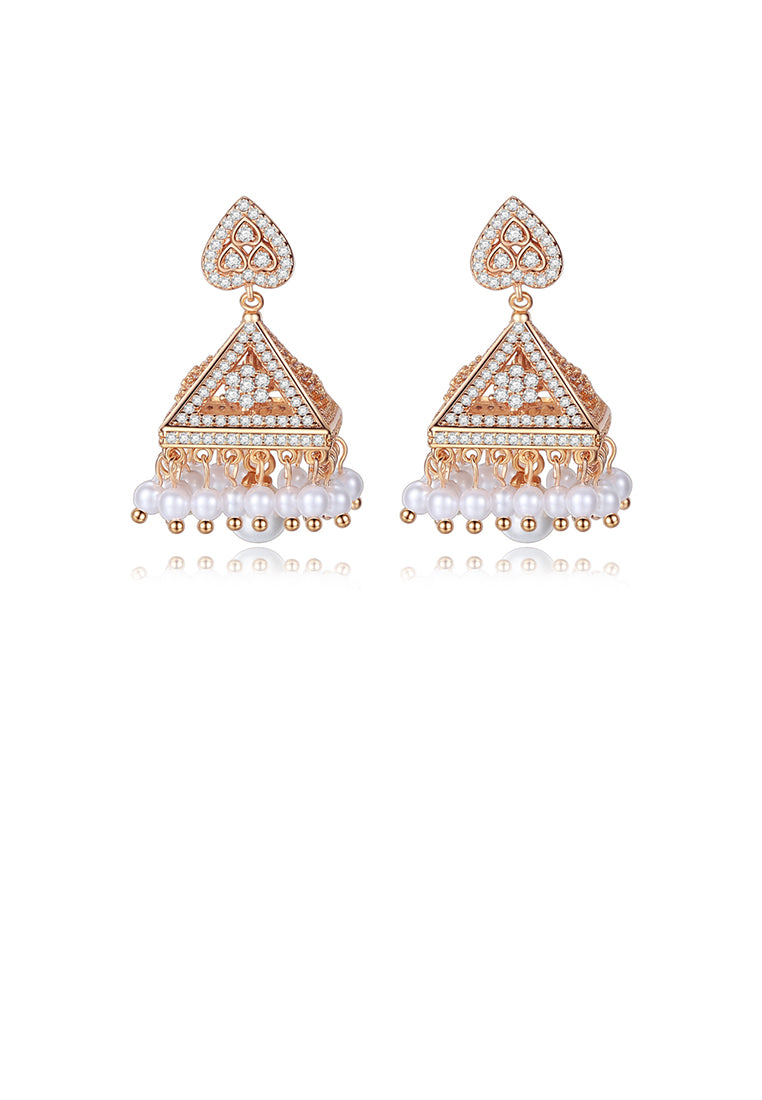 Fashion and Elegant Plated Gold Geometric Triangle Imitation Pearl Tassel Earrings with Cubic Zirconia - Luxurious Look
