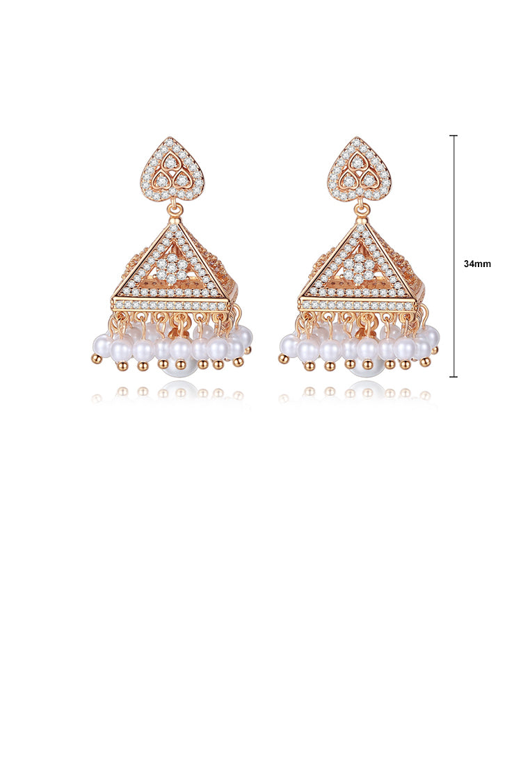 Fashion and Elegant Plated Gold Geometric Triangle Imitation Pearl Tassel Earrings with Cubic Zirconia - Luxurious Look