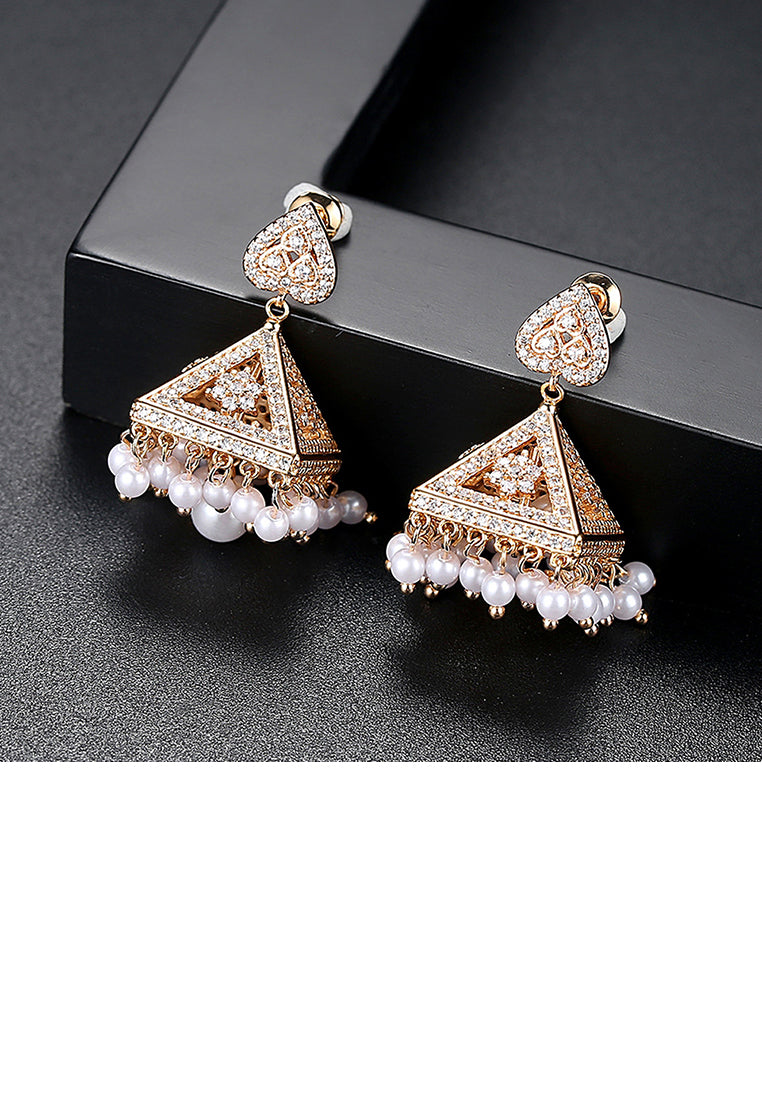 Fashion and Elegant Plated Gold Geometric Triangle Imitation Pearl Tassel Earrings with Cubic Zirconia - Luxurious Look