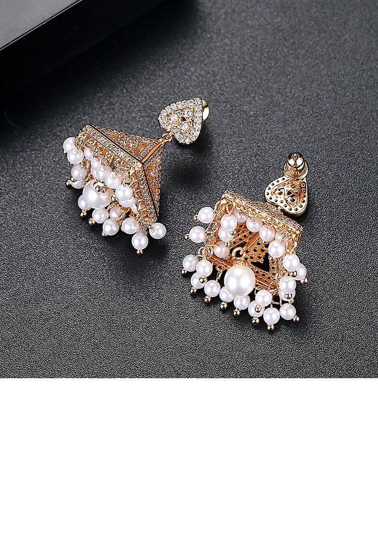 Fashion and Elegant Plated Gold Geometric Triangle Imitation Pearl Tassel Earrings with Cubic Zirconia - Luxurious Look