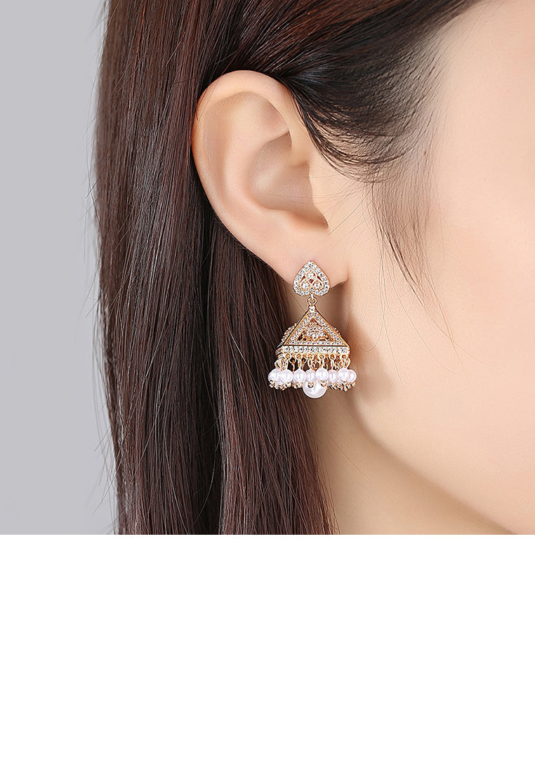 Fashion and Elegant Plated Gold Geometric Triangle Imitation Pearl Tassel Earrings with Cubic Zirconia - Luxurious Look