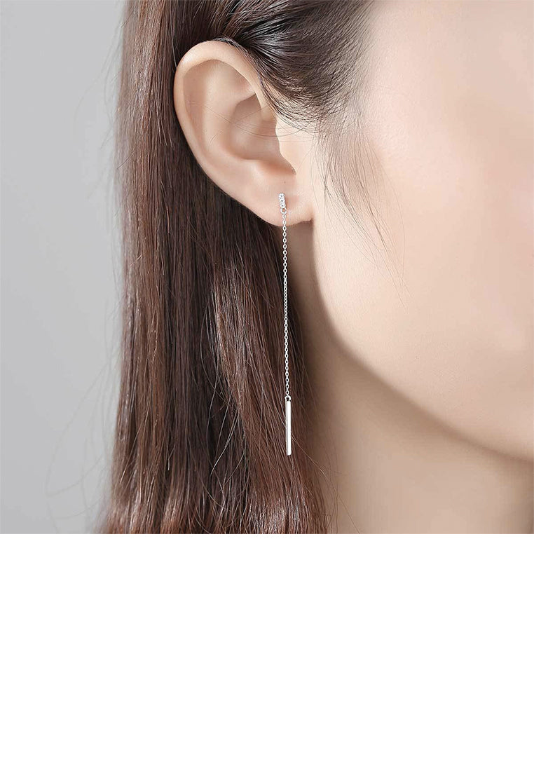 925 Sterling Silver Simple Fashion Long Tassel Cubic Zircon Asymmetric Earrings