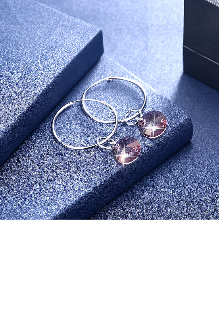 925 Sterling Silver Simple Fashion Pink Austrian Element Crystal Circle Earrings - Vibrant Color