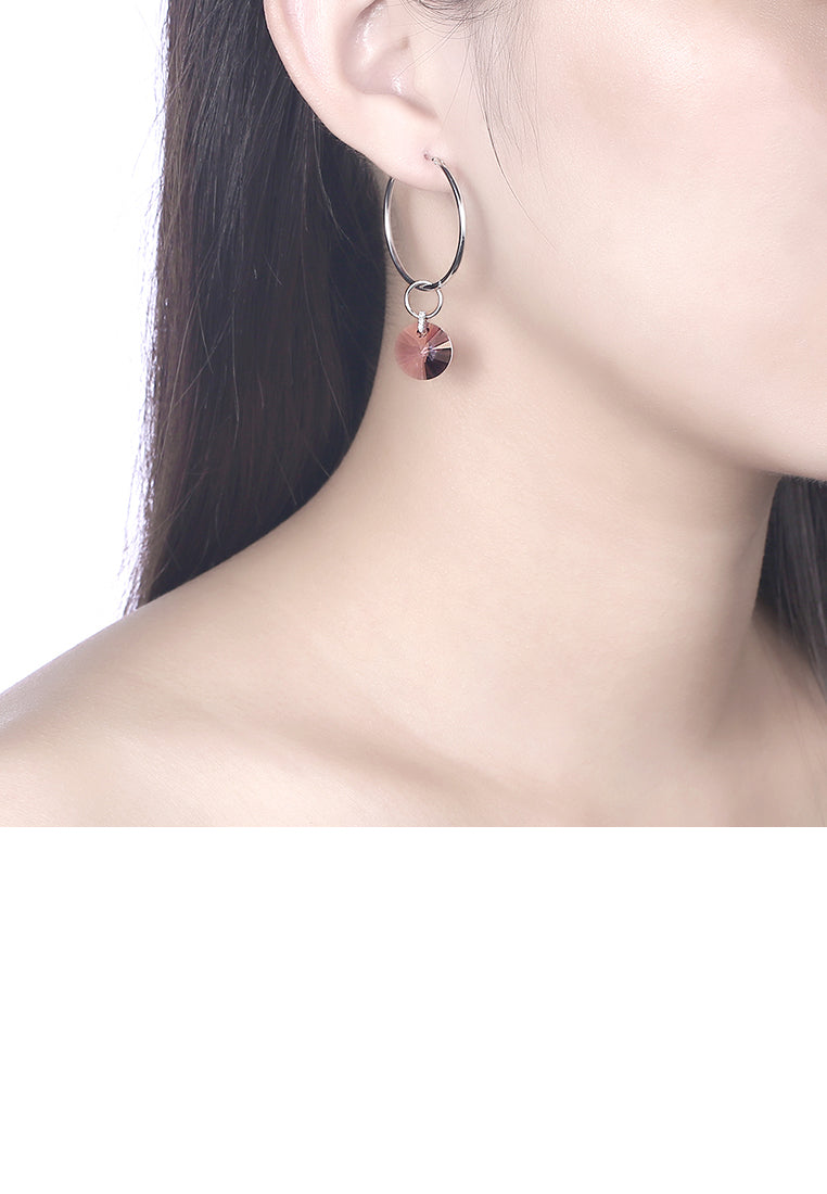 925 Sterling Silver Simple Fashion Pink Austrian Element Crystal Circle Earrings - Vibrant Color