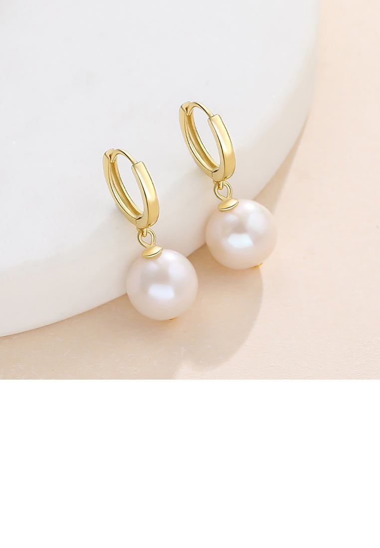 925 Sterling Silver Plated Gold Fashion Simple Geometric Round Freshwater Pearl Earrings - Luxurious Look