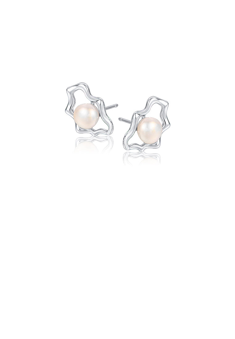 925 Sterling Silver Simple Temperament Geometric White Freshwater Pearl Stud Earrings - Luxurious Look