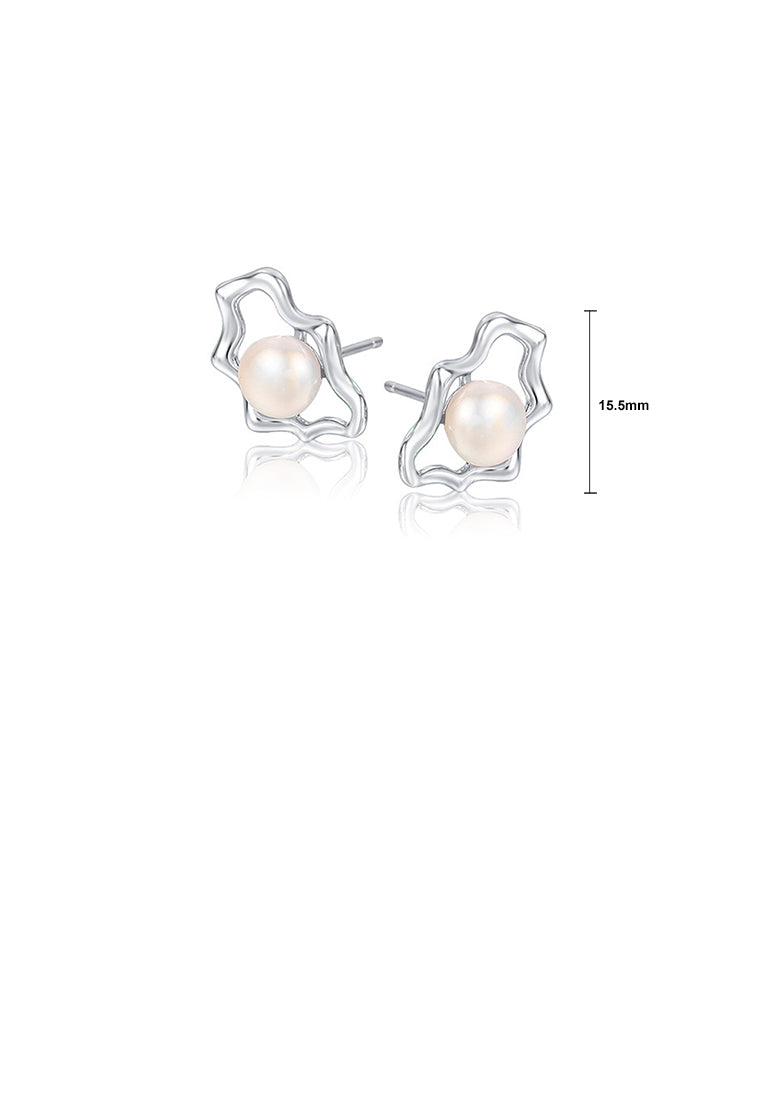 925 Sterling Silver Simple Temperament Geometric White Freshwater Pearl Stud Earrings - Luxurious Look