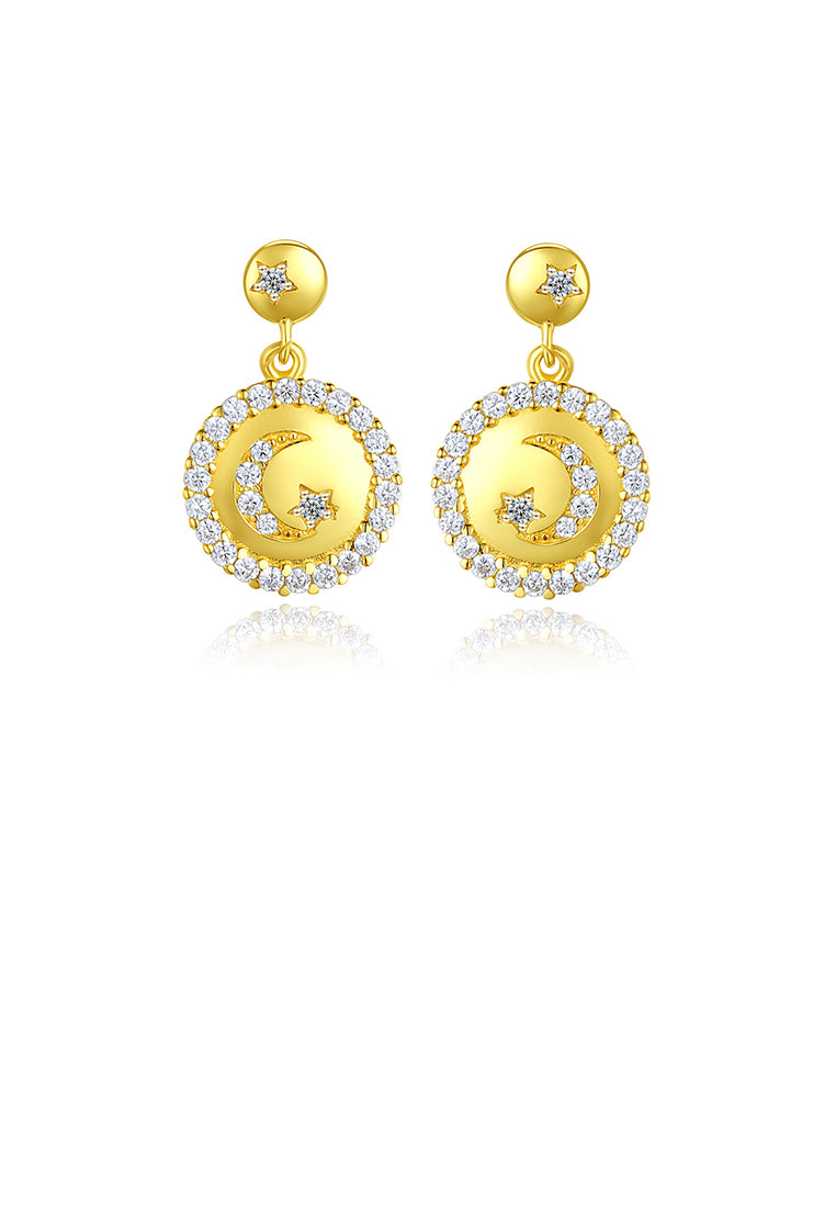 925 Sterling Silver Plated Gold Simple Fashion Star-moon Round Earrings with Cubic Zirconia - Luxurious Look