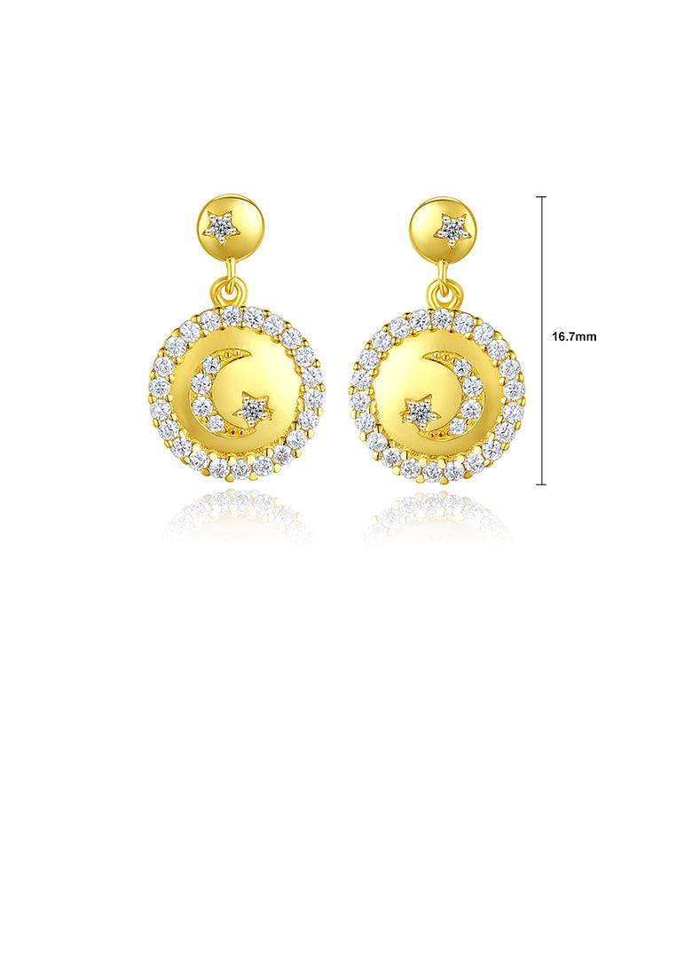 925 Sterling Silver Plated Gold Simple Fashion Star-moon Round Earrings with Cubic Zirconia - Luxurious Look