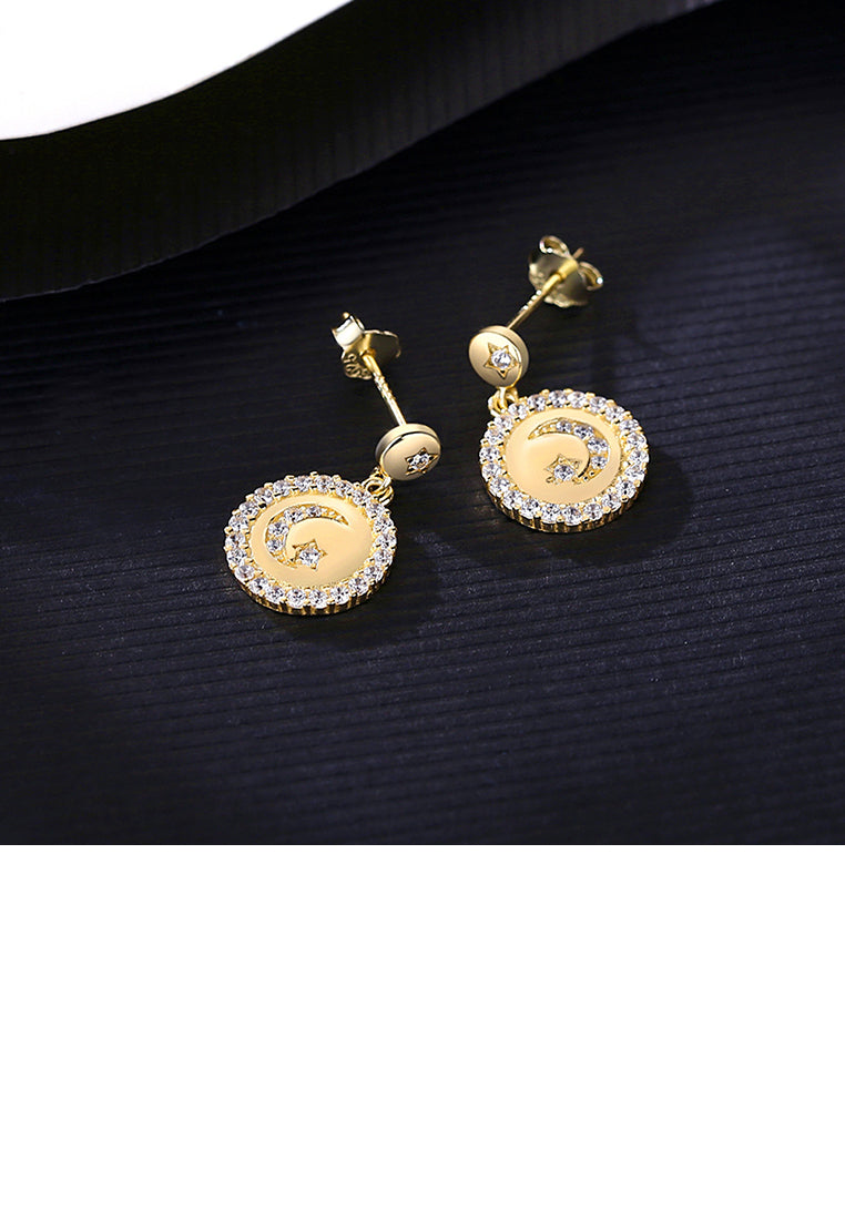 925 Sterling Silver Plated Gold Simple Fashion Star-moon Round Earrings with Cubic Zirconia - Luxurious Look