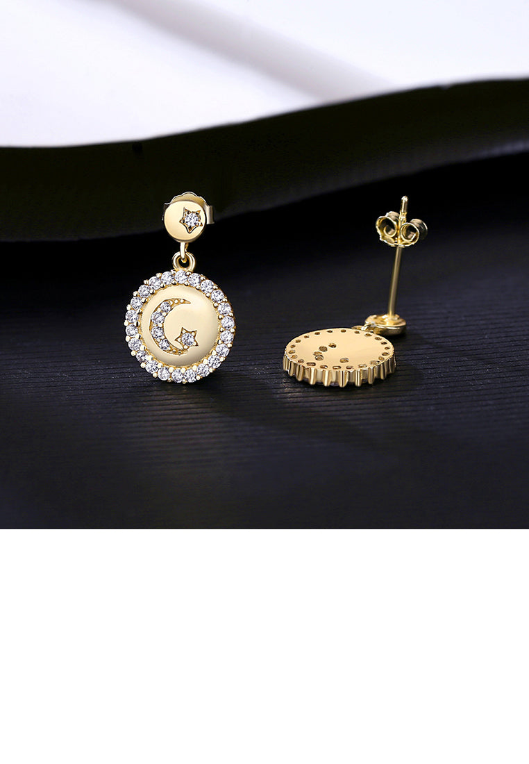 925 Sterling Silver Plated Gold Simple Fashion Star-moon Round Earrings with Cubic Zirconia - Luxurious Look