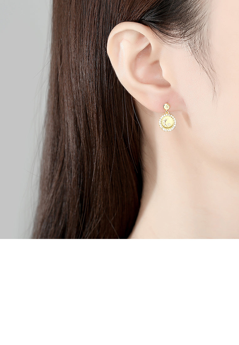 925 Sterling Silver Plated Gold Simple Fashion Star-moon Round Earrings with Cubic Zirconia - Luxurious Look