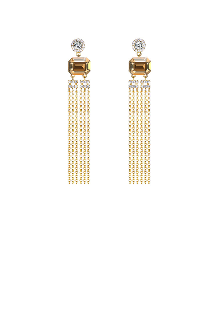 925 Sterling Silver Gold Plated Elegant Fashion Long Tassel Earrings with Champagne Austrian Element Crystal