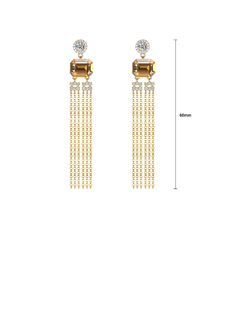 925 Sterling Silver Gold Plated Elegant Fashion Long Tassel Earrings with Champagne Austrian Element Crystal
