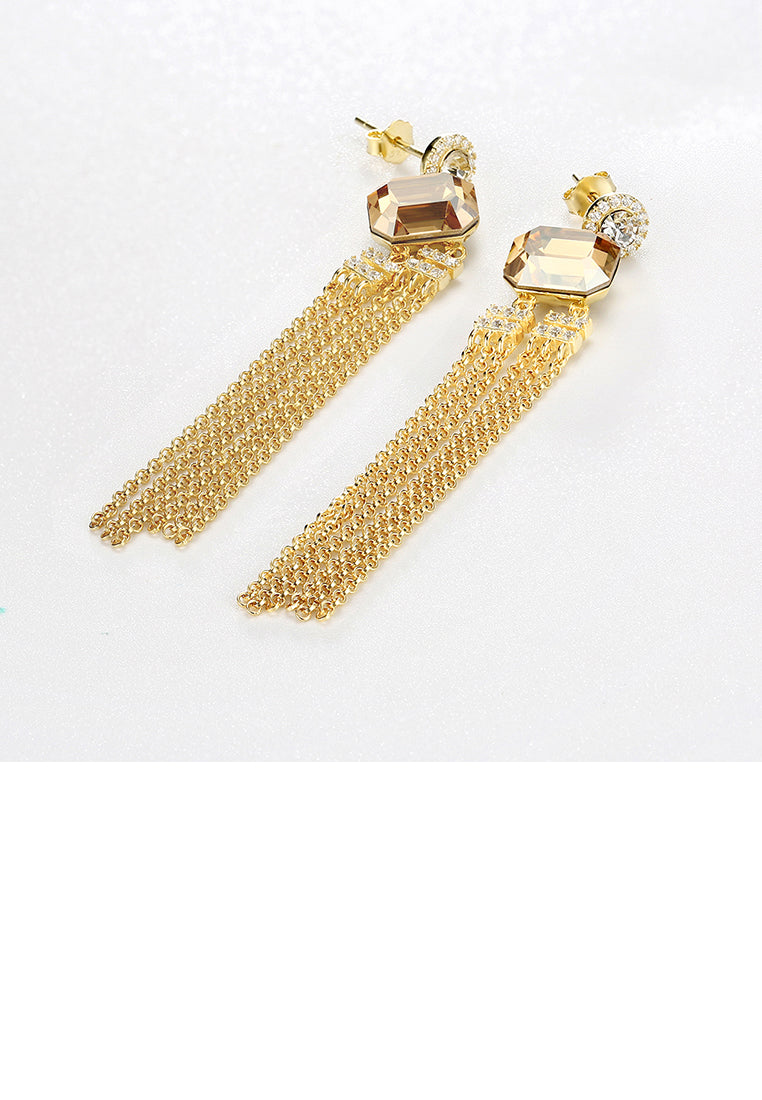 925 Sterling Silver Gold Plated Elegant Fashion Long Tassel Earrings with Champagne Austrian Element Crystal