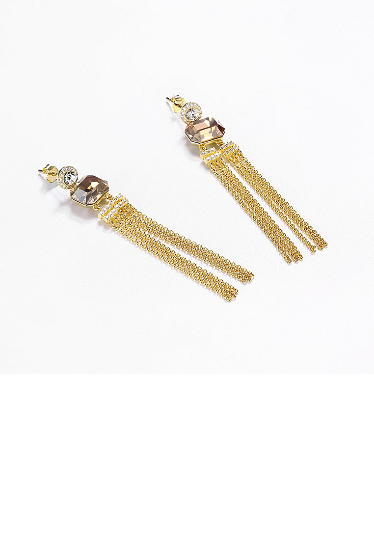 925 Sterling Silver Gold Plated Elegant Fashion Long Tassel Earrings with Champagne Austrian Element Crystal