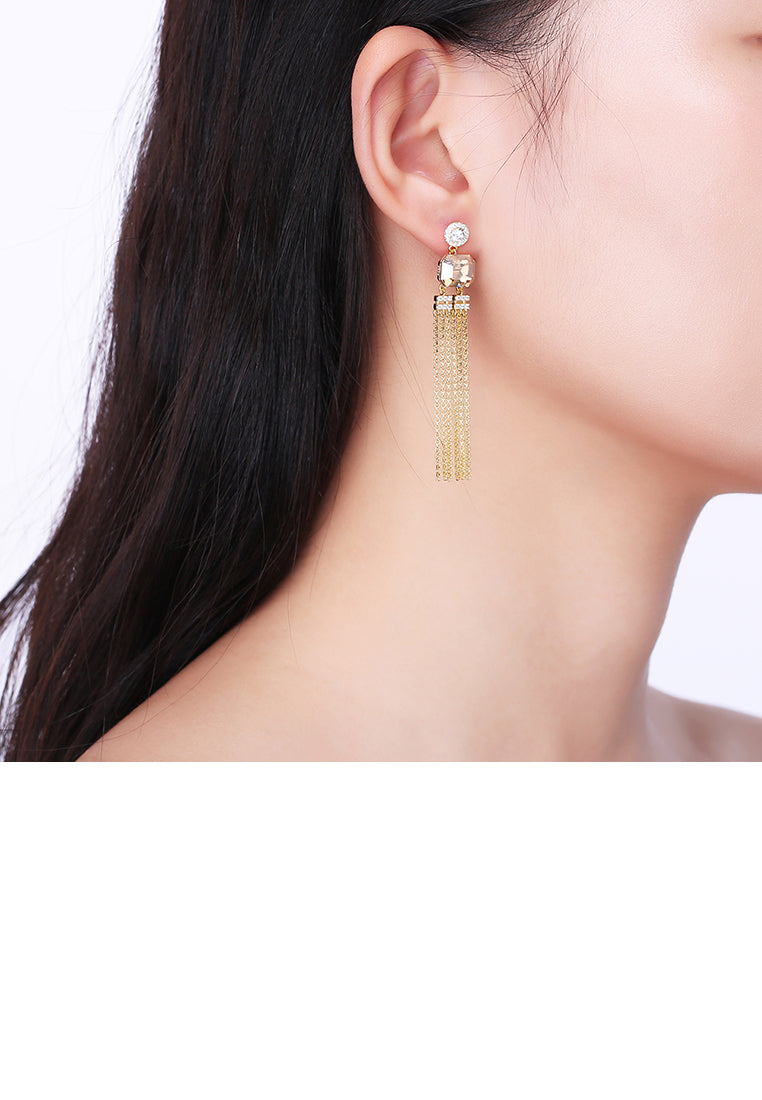 925 Sterling Silver Gold Plated Elegant Fashion Long Tassel Earrings with Champagne Austrian Element Crystal