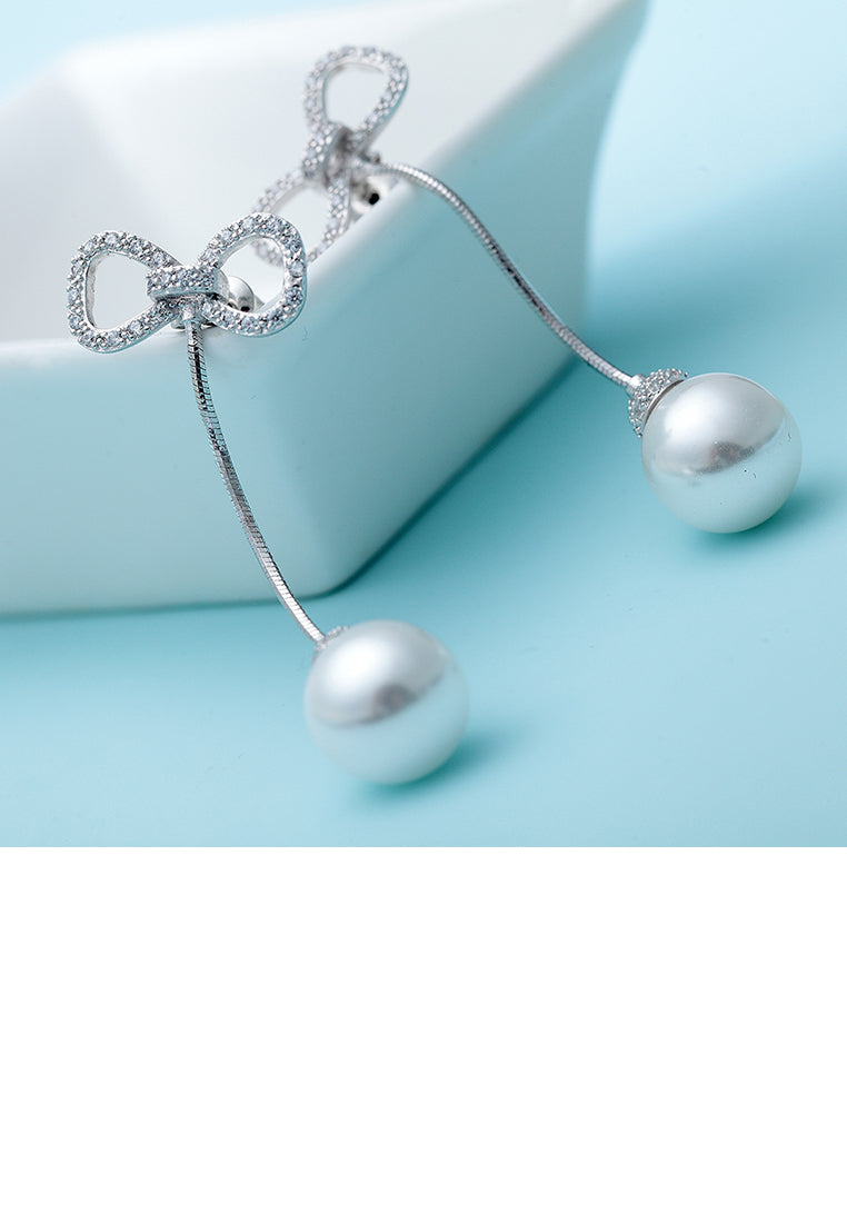Fashion Simple Ribbon Tassel Imitation Pearl Earrings with Cubic Zirconia - Luxurious Look