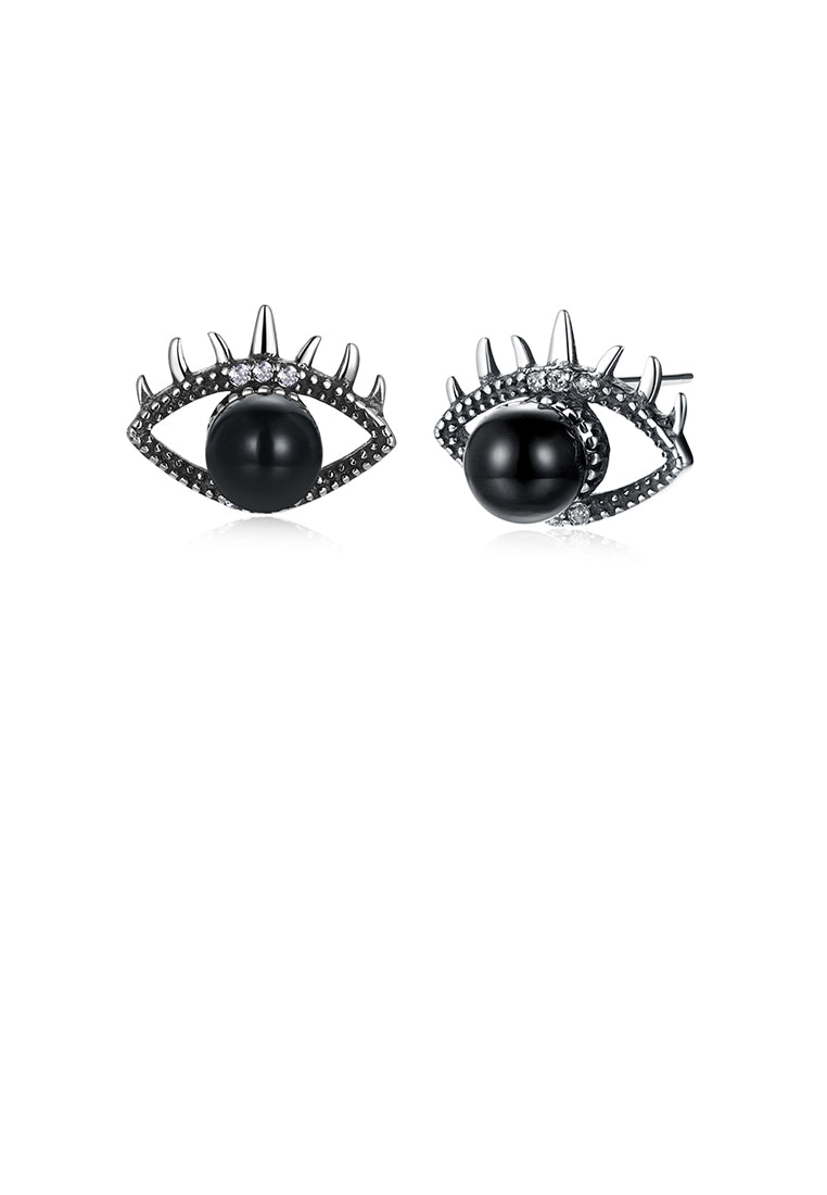 925 Sterling Silver Fashion Creative Eye Stud Earrings with Black Pearl and Austrian Element Crystal - Luxurious Look