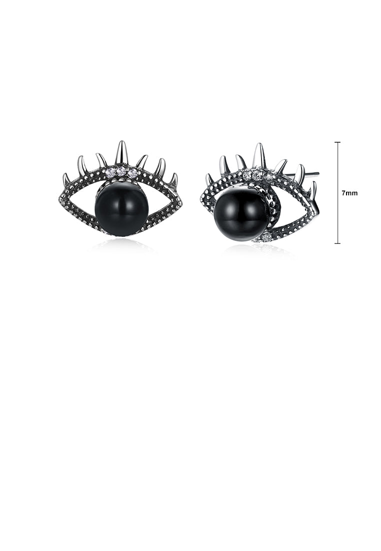 925 Sterling Silver Fashion Creative Eye Stud Earrings with Black Pearl and Austrian Element Crystal - Luxurious Look