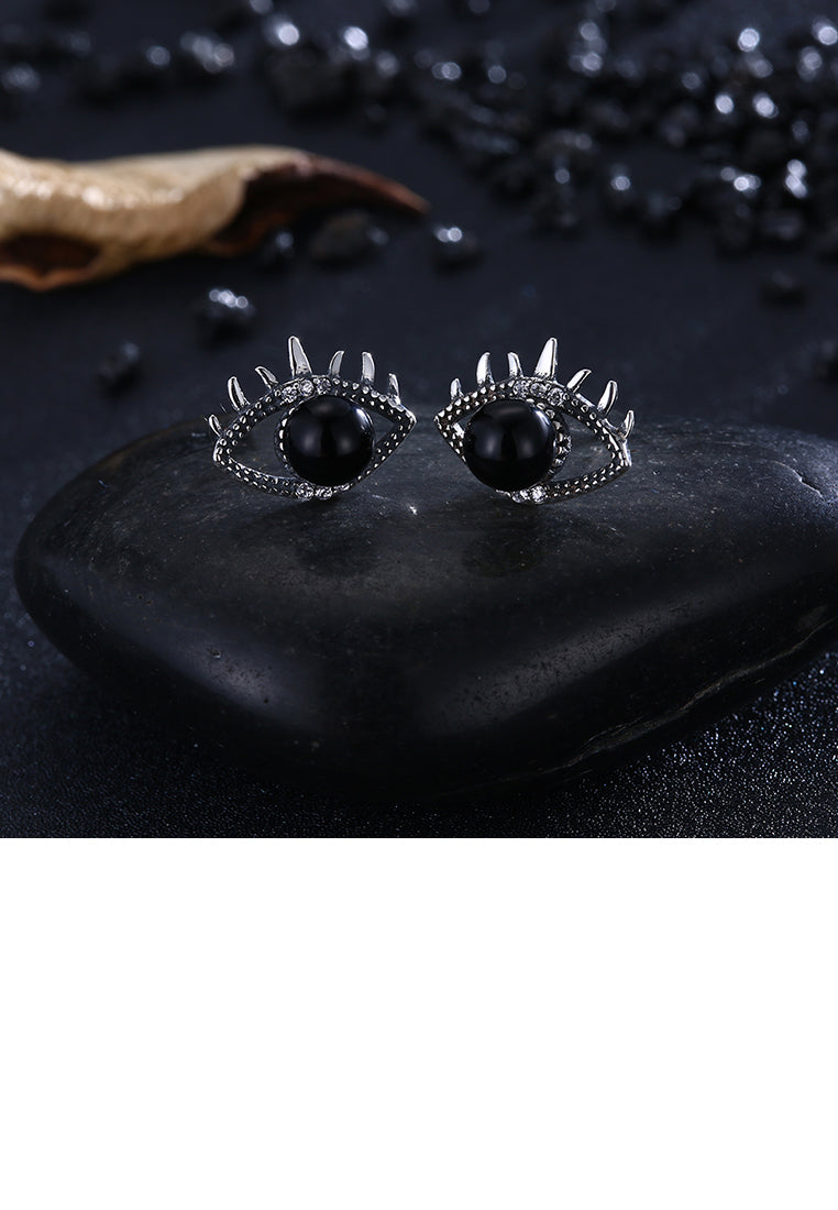 925 Sterling Silver Fashion Creative Eye Stud Earrings with Black Pearl and Austrian Element Crystal - Luxurious Look