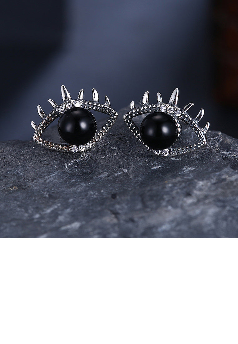925 Sterling Silver Fashion Creative Eye Stud Earrings with Black Pearl and Austrian Element Crystal - Luxurious Look