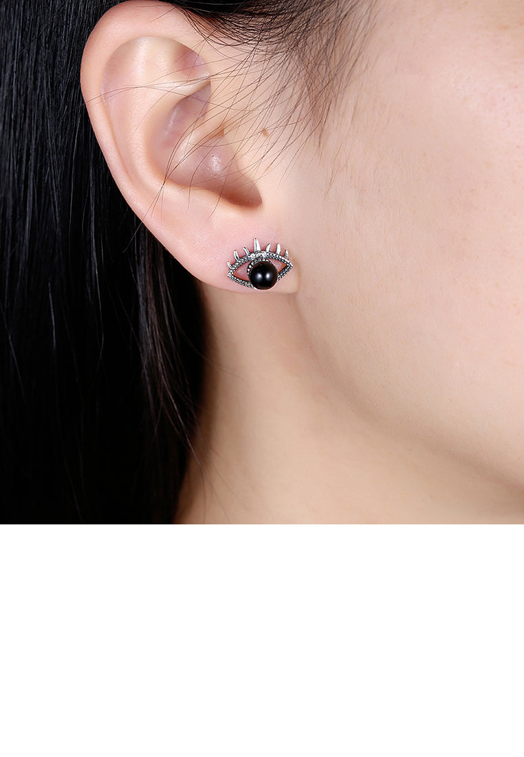 925 Sterling Silver Fashion Creative Eye Stud Earrings with Black Pearl and Austrian Element Crystal - Luxurious Look