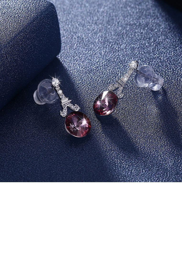 925 Sterling Silver Fashion Tower Rose Red Round Austrian Element Crystal Earrings - Vibrant Color