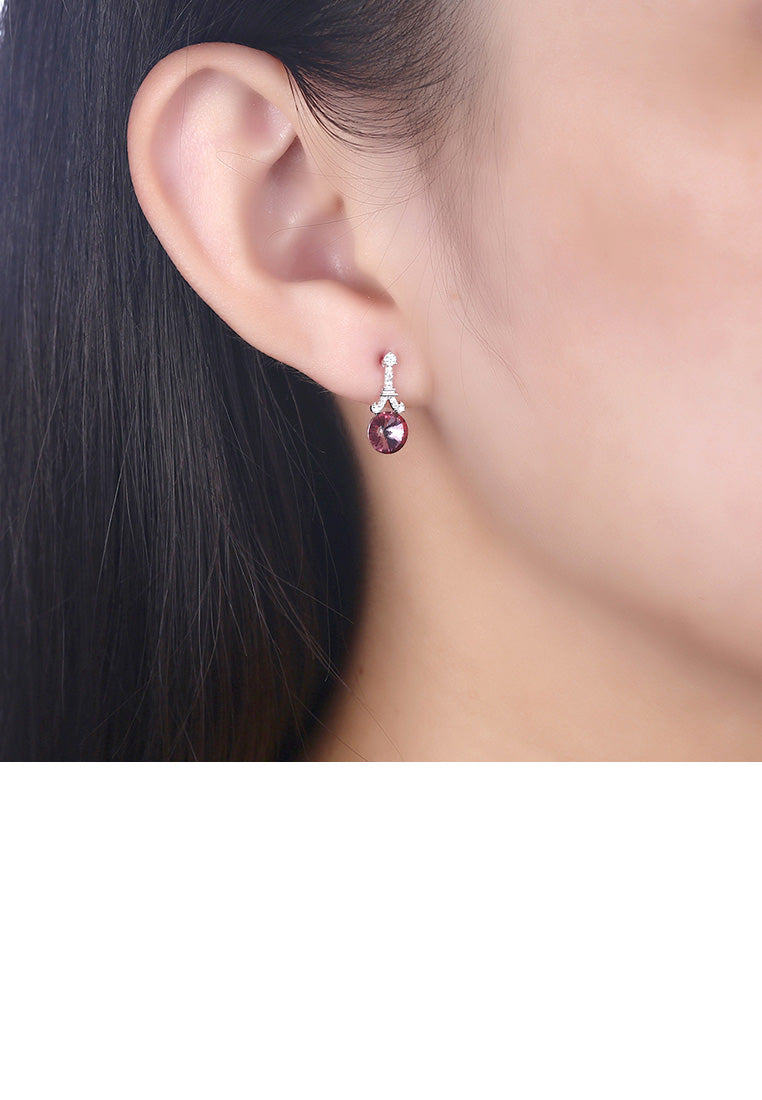 925 Sterling Silver Fashion Tower Rose Red Round Austrian Element Crystal Earrings - Vibrant Color