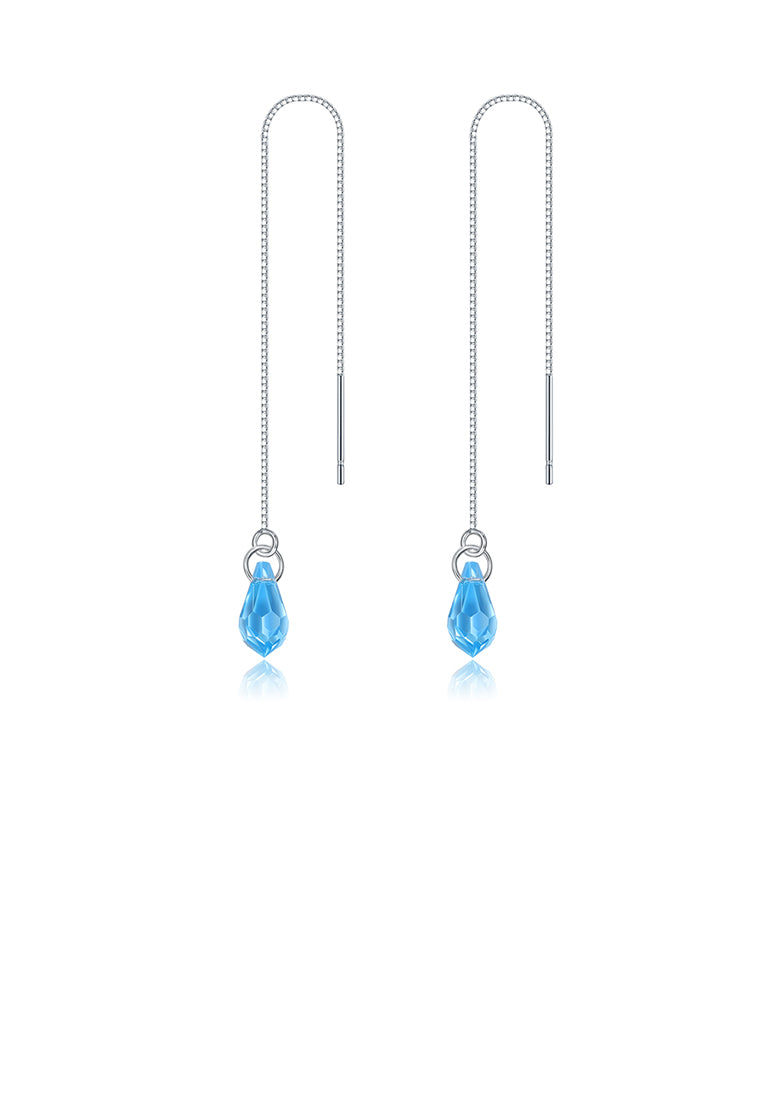 925 Sterling Silver Simple Water Drop Shape Blue Austrian Element Crystal Tassel Earrings