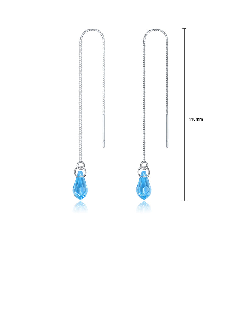 925 Sterling Silver Simple Water Drop Shape Blue Austrian Element Crystal Tassel Earrings