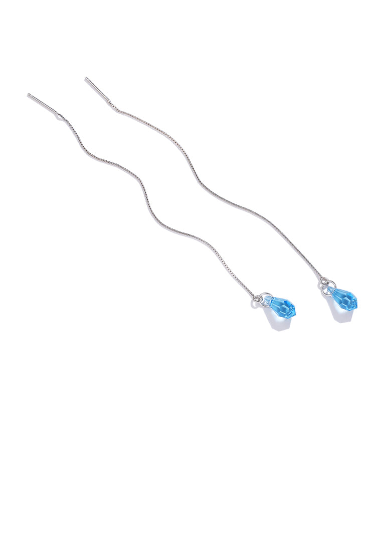 925 Sterling Silver Simple Water Drop Shape Blue Austrian Element Crystal Tassel Earrings