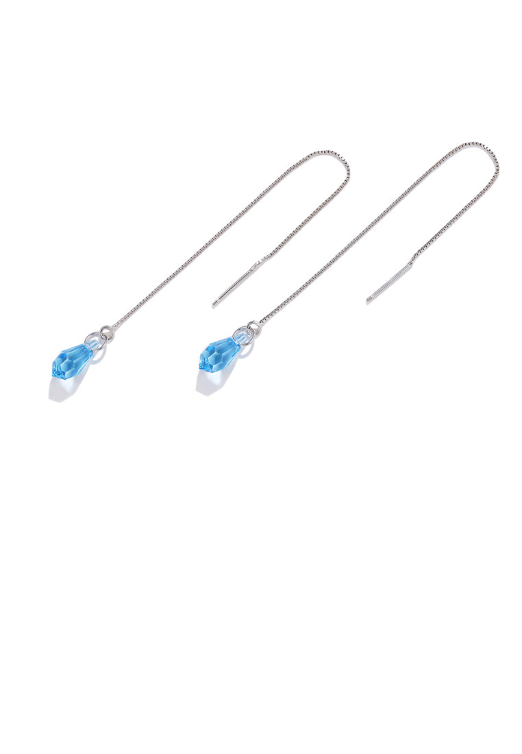 925 Sterling Silver Simple Water Drop Shape Blue Austrian Element Crystal Tassel Earrings