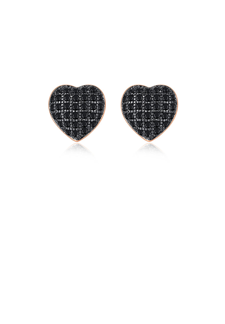 Fashion Romantic Plated Rose Gold Heart-shaped Stud Earrings with Black Cubic Zirconia - Luxurious Look