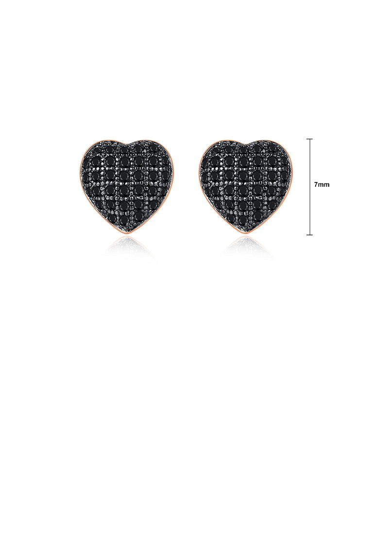 Fashion Romantic Plated Rose Gold Heart-shaped Stud Earrings with Black Cubic Zirconia - Luxurious Look