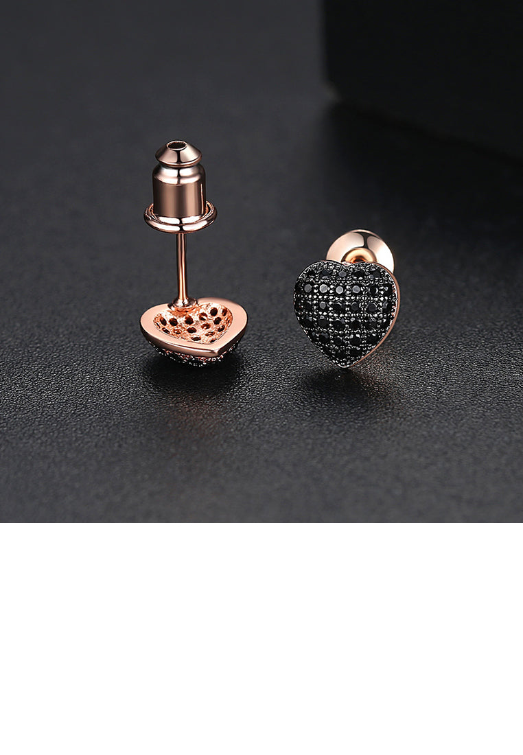 Fashion Romantic Plated Rose Gold Heart-shaped Stud Earrings with Black Cubic Zirconia - Luxurious Look
