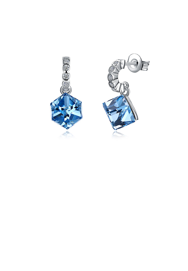 925 Sterling Silver Simple Elegant Romantic Fashion Geometric Rhombus Earrings with Blue Austrian Element Crystal