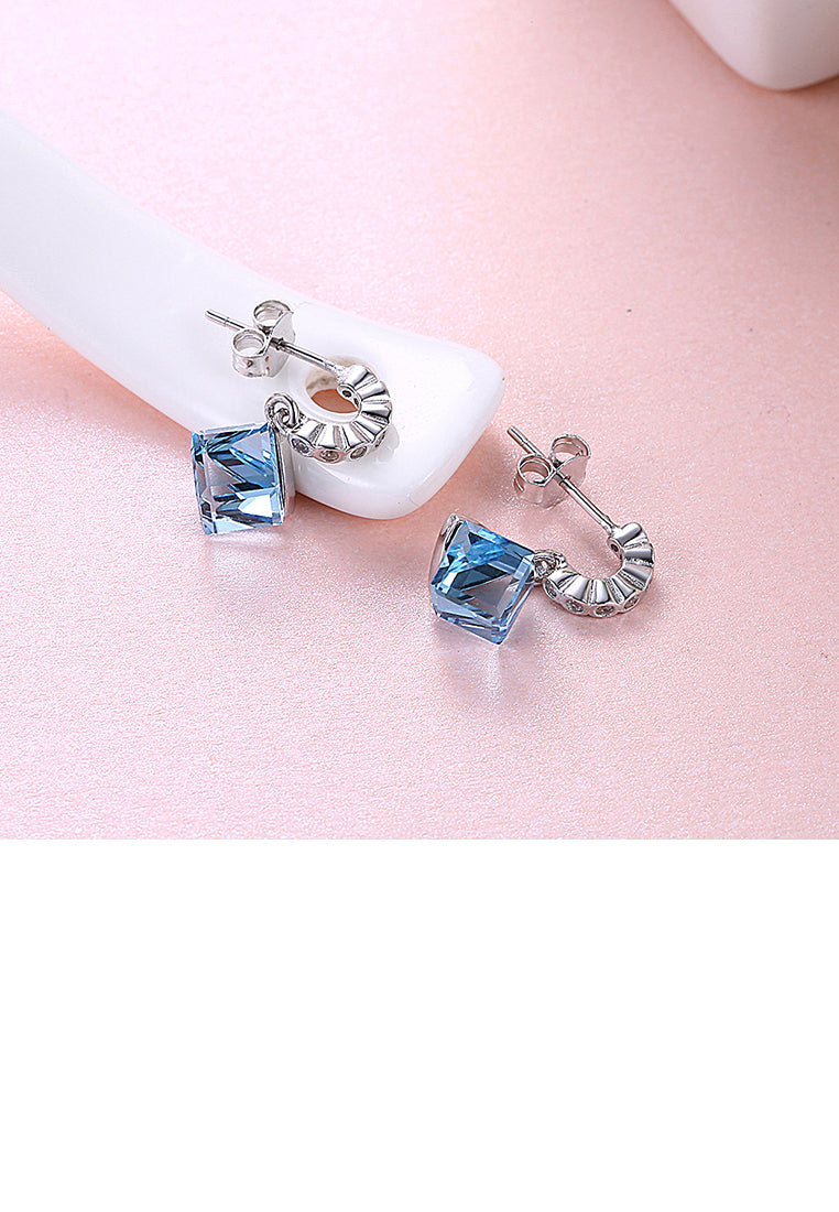 925 Sterling Silver Simple Elegant Romantic Fashion Geometric Rhombus Earrings with Blue Austrian Element Crystal