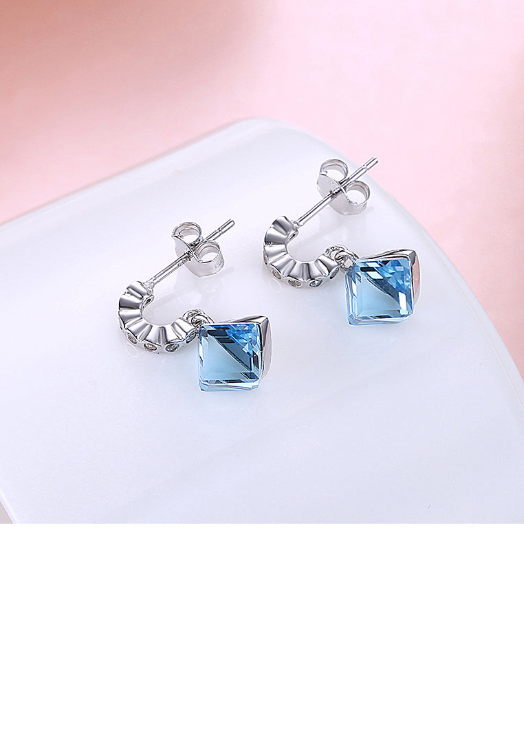 925 Sterling Silver Simple Elegant Romantic Fashion Geometric Rhombus Earrings with Blue Austrian Element Crystal