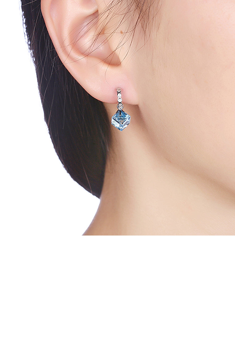 925 Sterling Silver Simple Elegant Romantic Fashion Geometric Rhombus Earrings with Blue Austrian Element Crystal
