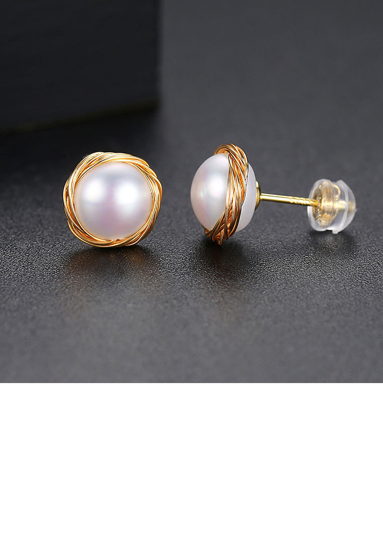 Fashion Simple Plated Gold Geometric Round Imitation Pearl Stud Earrings - Luxurious Look