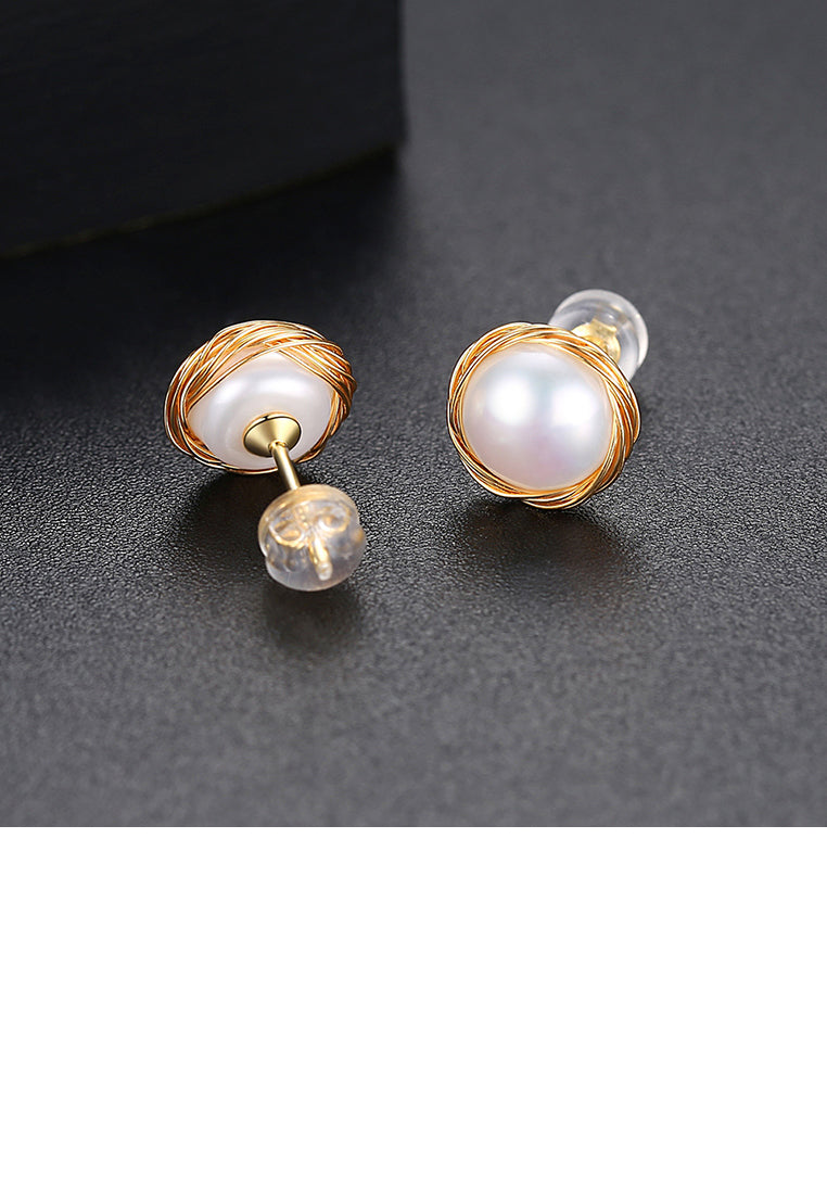 Fashion Simple Plated Gold Geometric Round Imitation Pearl Stud Earrings - Luxurious Look