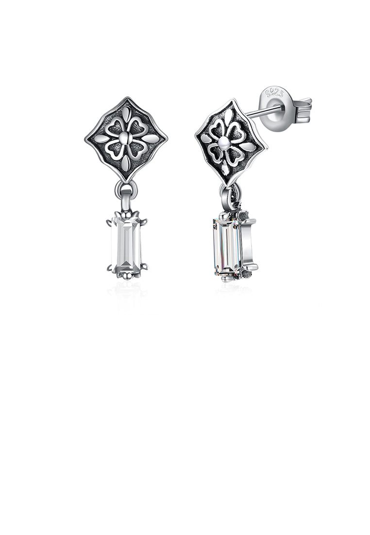 925 Sterling Silver Vintage Four-leafed Clover Pattern Earrings with Cubic Zircon