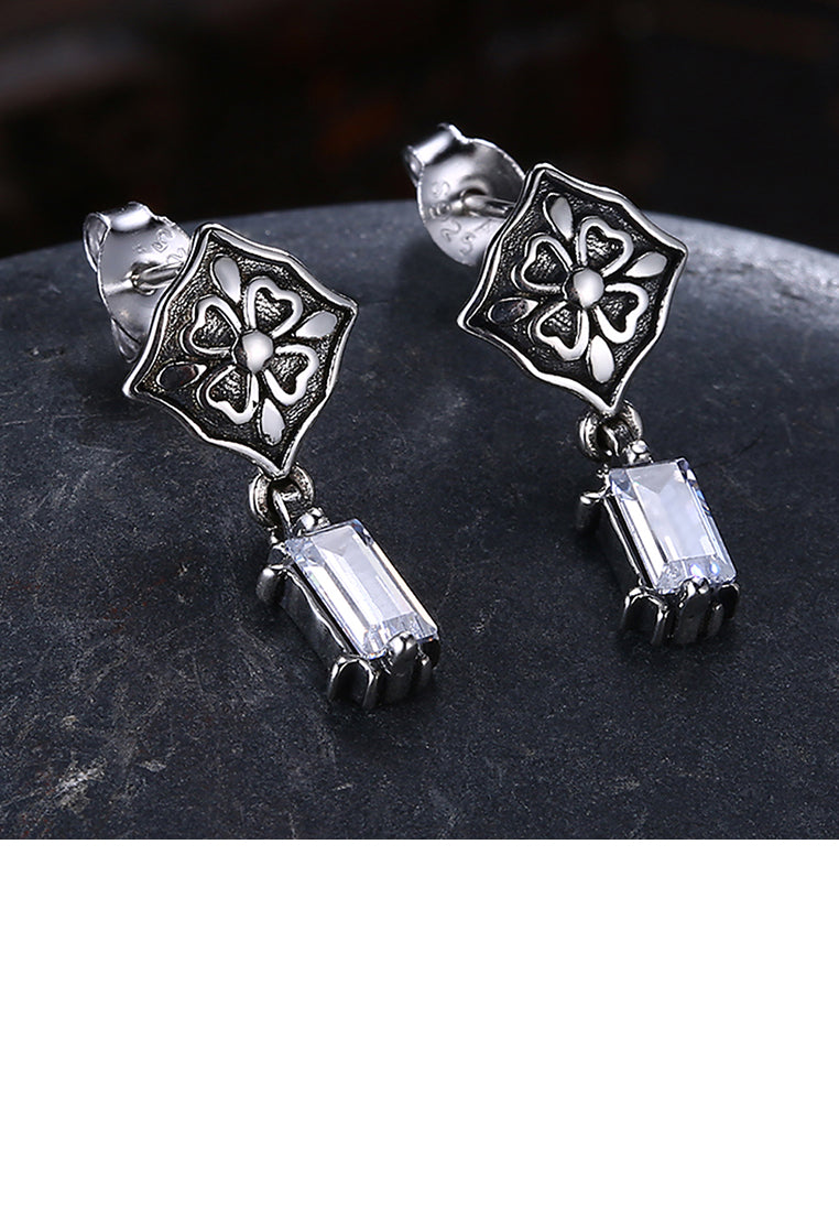 925 Sterling Silver Vintage Four-leafed Clover Pattern Earrings with Cubic Zircon