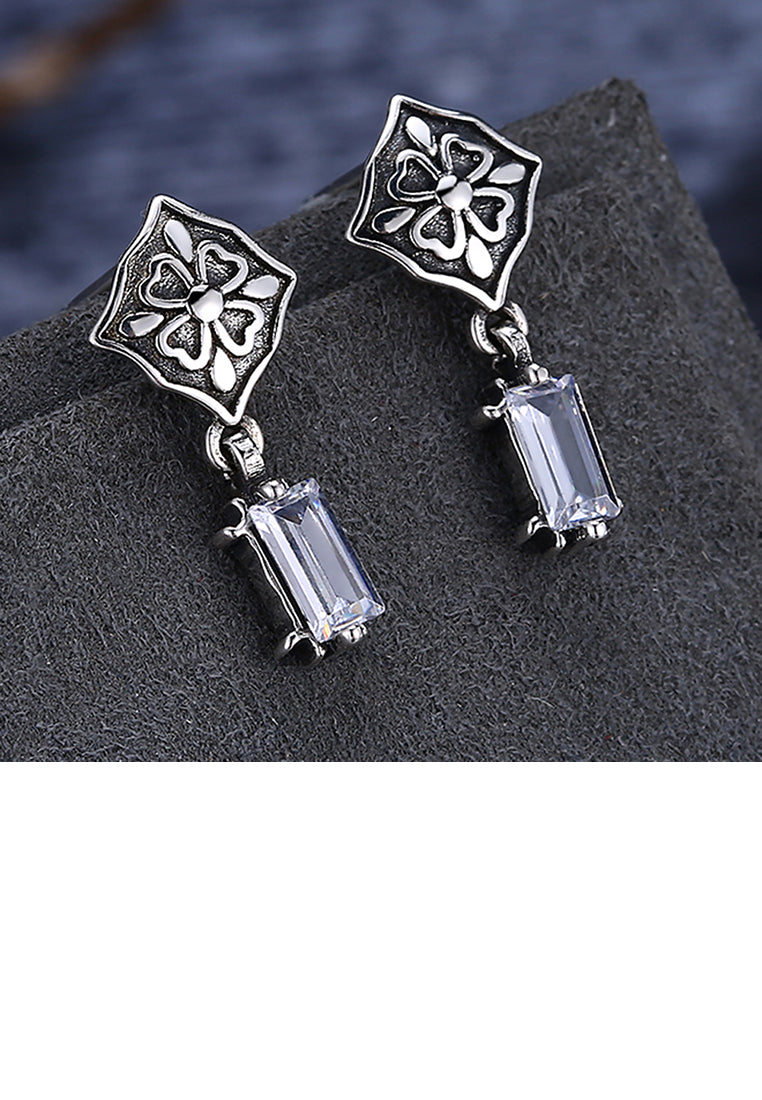 925 Sterling Silver Vintage Four-leafed Clover Pattern Earrings with Cubic Zircon