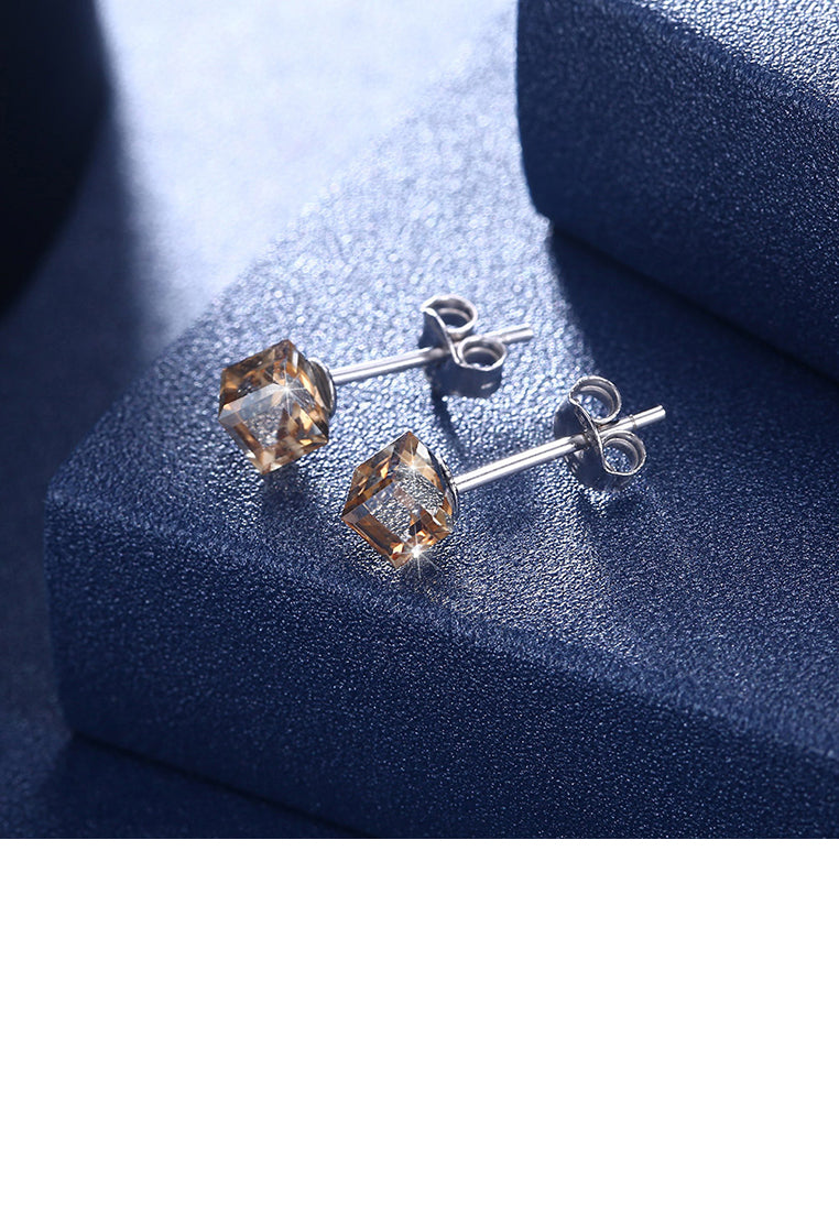 925 Sterling Silver Simple Geometric Square Champagne Austrian Element Crystal Stud Earrings