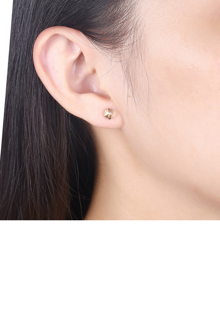 925 Sterling Silver Simple Geometric Square Champagne Austrian Element Crystal Stud Earrings